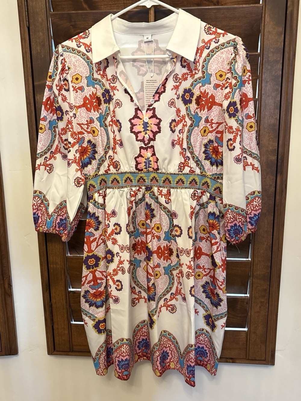 Boho Floral Print Collared Women's Dress - White Multicolor